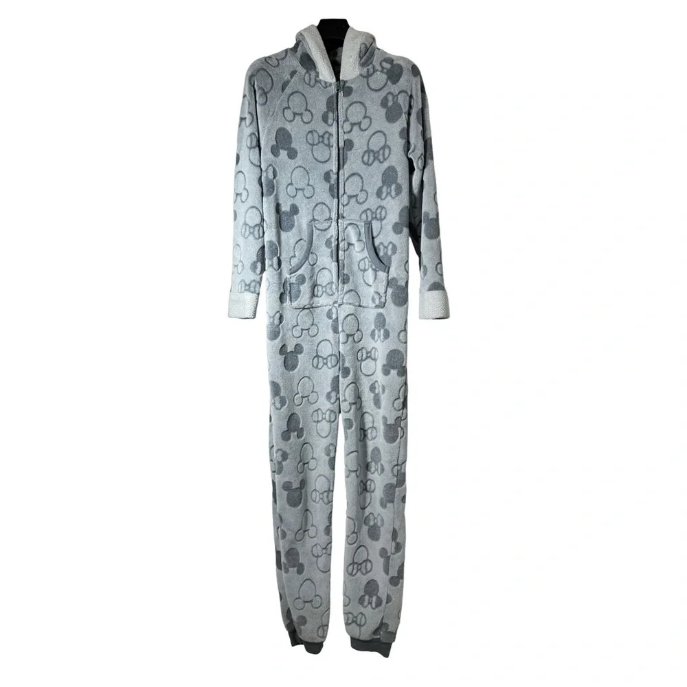 DISNEY Women's Grey Onesie Mickey Pattern Fleece Trimming Mickey Ears Hood M - Picture 4 of 8